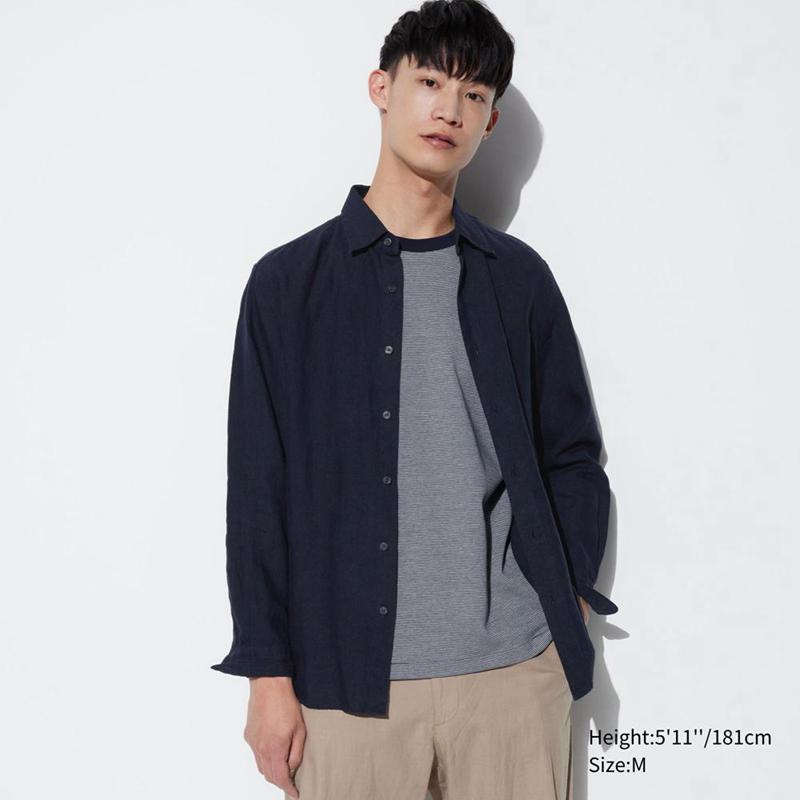 Uniqlo Premium Linen Men Shirts Navy  US |  HPDE-21568