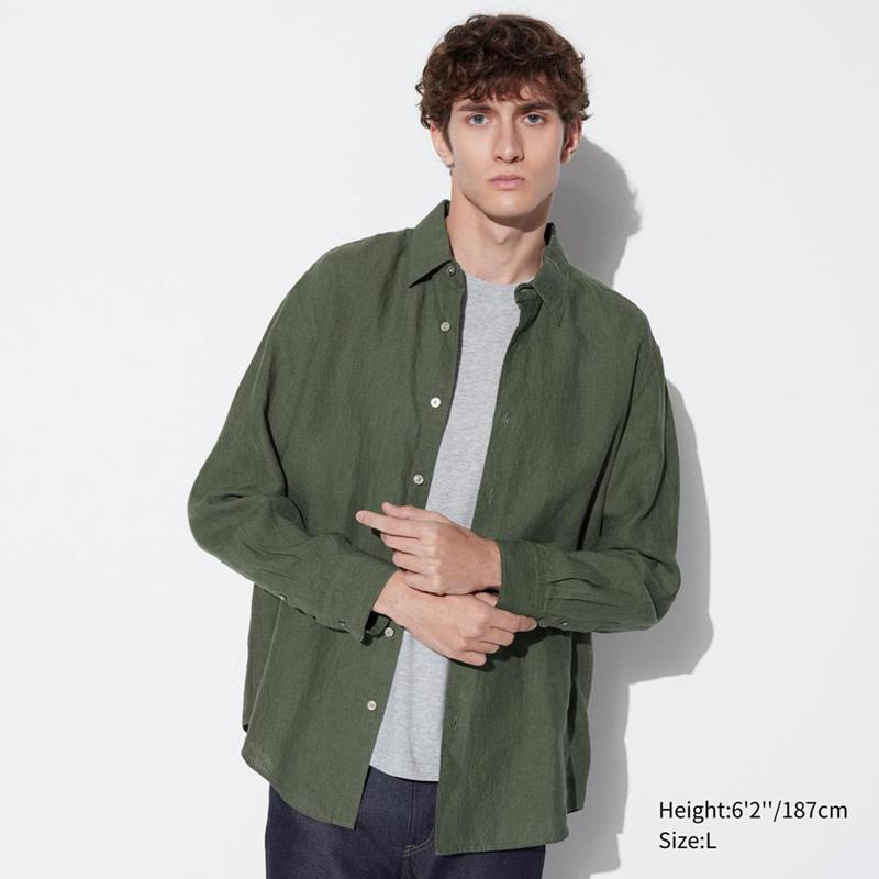 Uniqlo Premium Linen Men Shirts Olive  US |  KYVW-53846