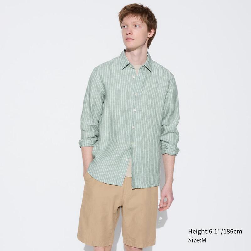 Uniqlo Premium Linen Regular Fit (Stripe, Regular Collar) Men Shirts Green  US |  FGBT-30518