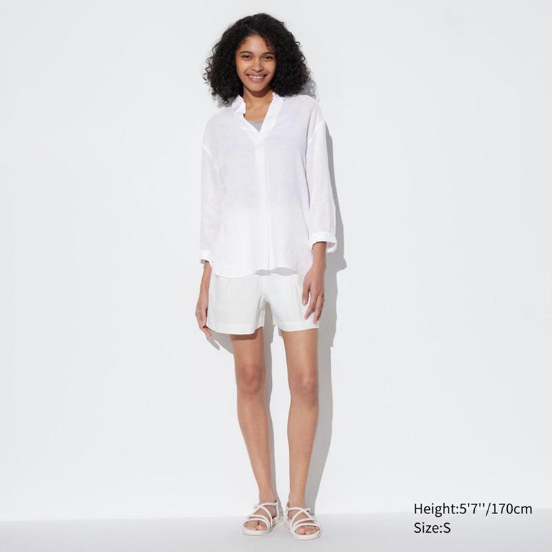 Uniqlo Premium Linen Skipper Collar (3/4 Sleeve) Women Shirts White  US |  QRJM-07612