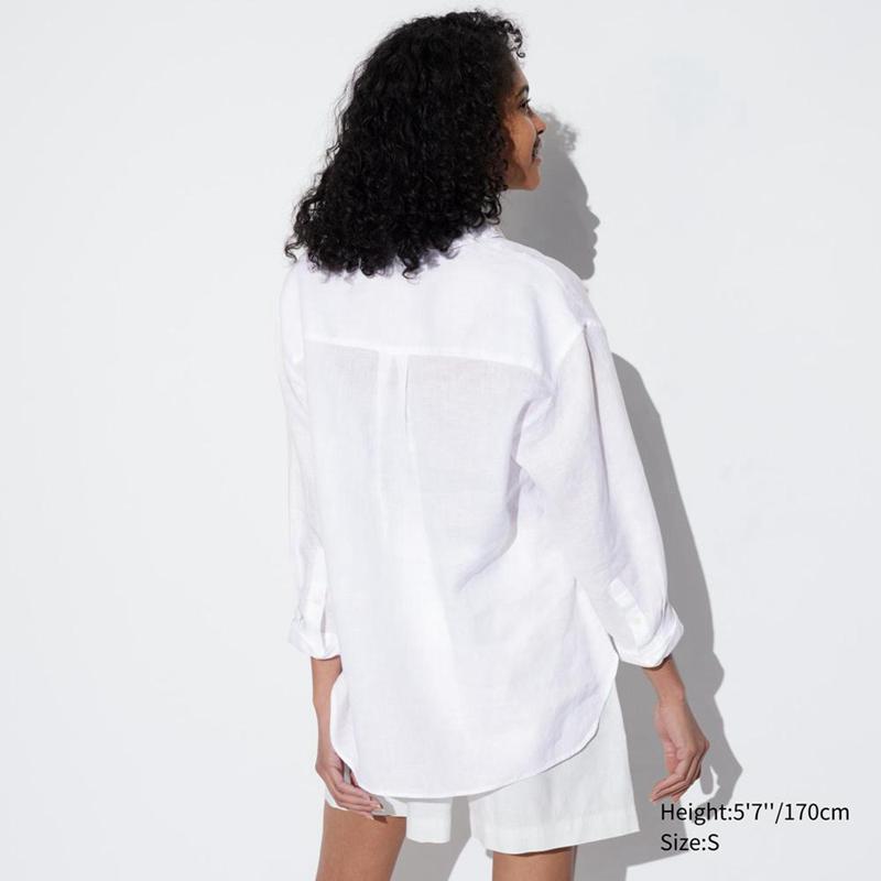 Uniqlo Premium Linen Skipper Collar (3/4 Sleeve) Women Shirts White  US |  QRJM-07612