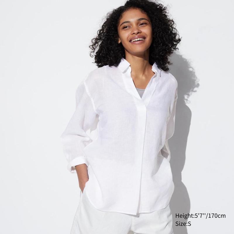 Uniqlo Premium Linen Skipper Collar (3/4 Sleeve) Women Shirts White  US |  TSUZ-75026