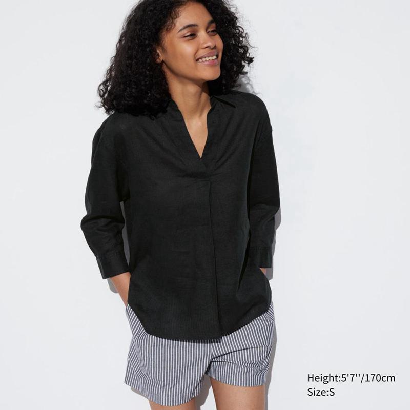 Uniqlo Premium Linen Skipper Collar (3/4 Sleeve) Women Shirts Black  US |  CKPR-17804