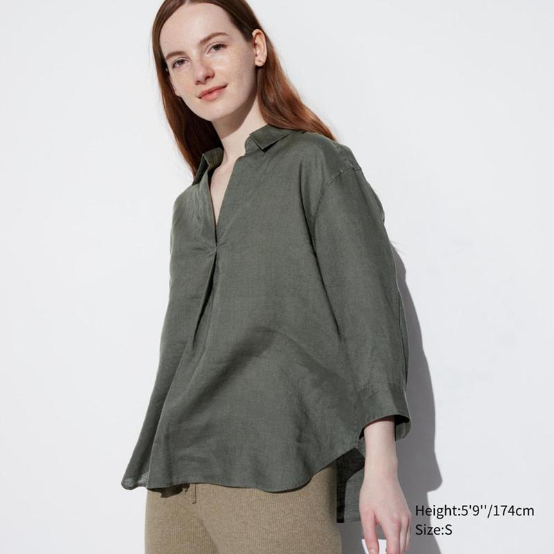 Uniqlo Premium Linen Skipper Collar (3/4 Sleeve) Women Shirts Olive  US |  ITHJ-01983