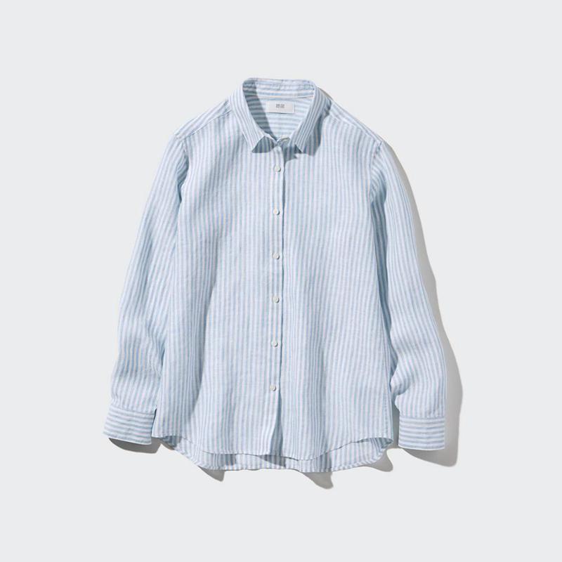 Uniqlo Premium Linen (Stripe) Women Shirts Light Grey  US |  XJRE-60924