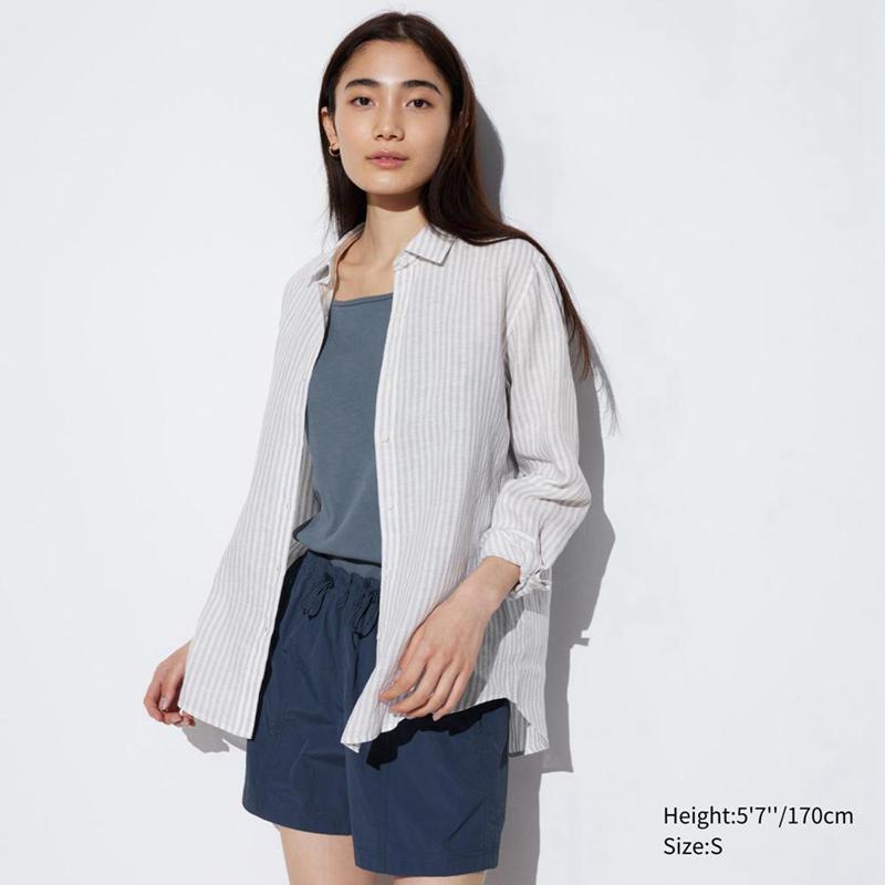 Uniqlo Premium Linen (Stripe) Women Shirts Light Grey  US |  XJRE-60924