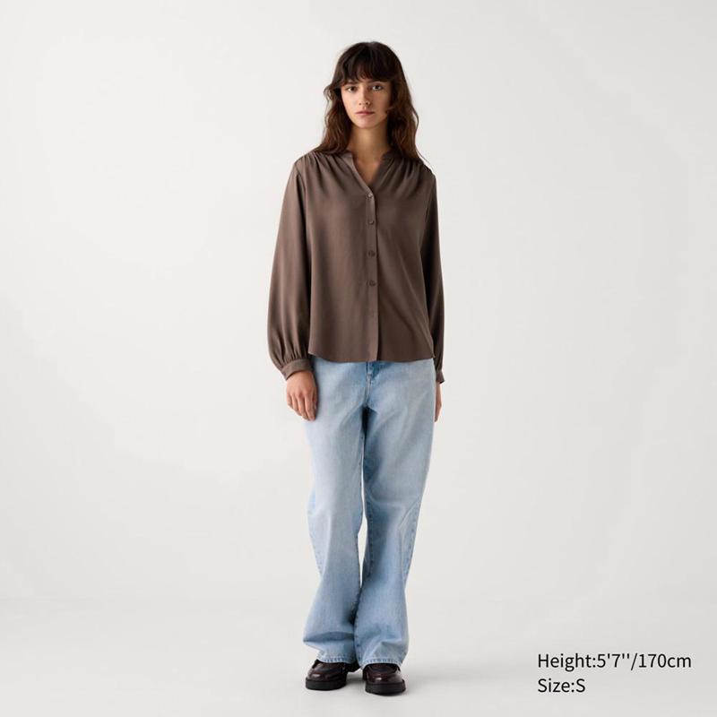 Uniqlo Rayon Gathered Women Blouse Brown  US |  WKNA-64209