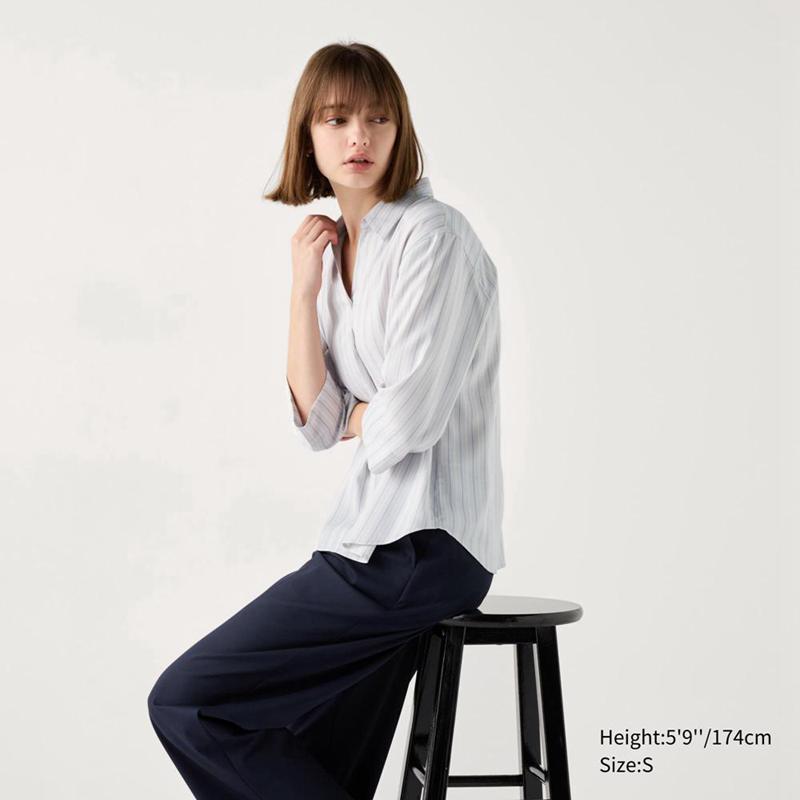 Uniqlo Rayon Skipper Collar (Stripe, 3/4 Sleeve) Women Blouse Light Grey  US |  KWGD-17360