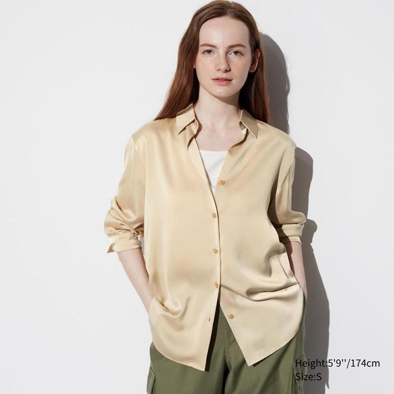 Uniqlo Satin Long Sleeved Women Blouse Beige  US |  NEOK-13245