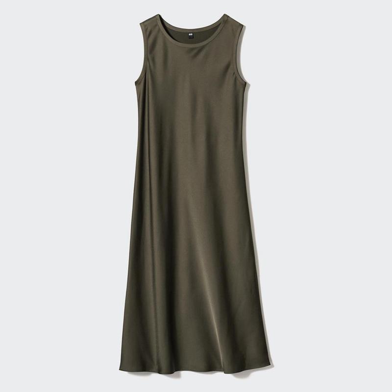 Uniqlo Satin (Sleeveless) Women Dress Dark Green  US |  LIZO-25987