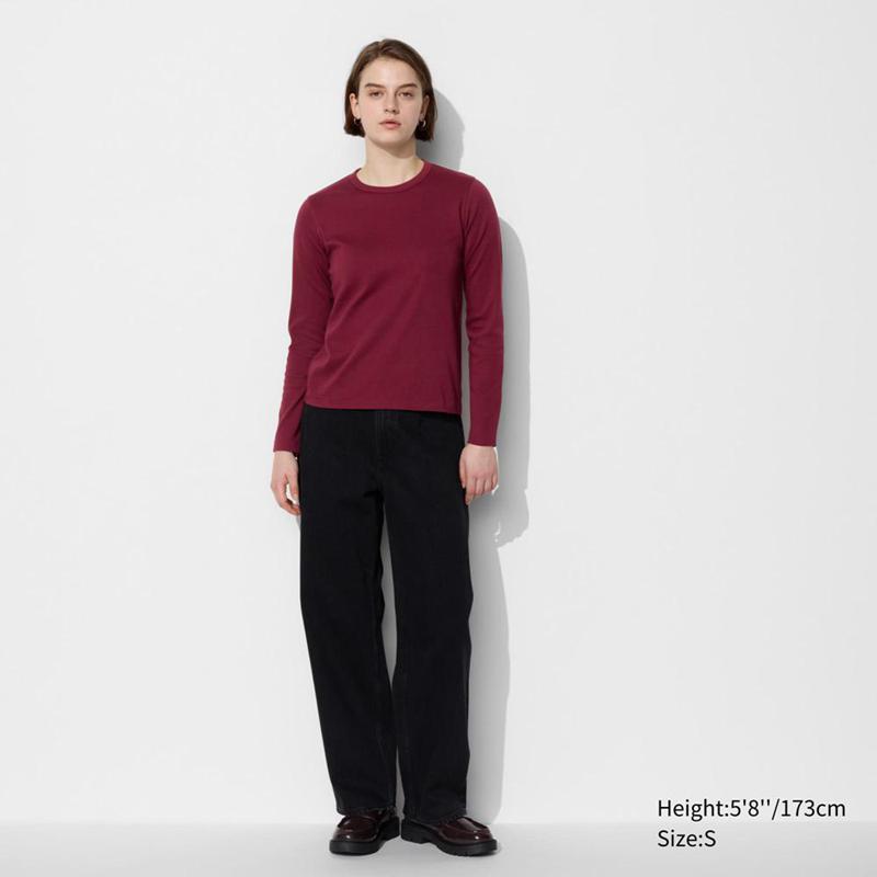 Uniqlo Smooth Cotton Stretch Crew Neck Long Sleeve Women T-Shirts Wine  US |  EMAT-79504