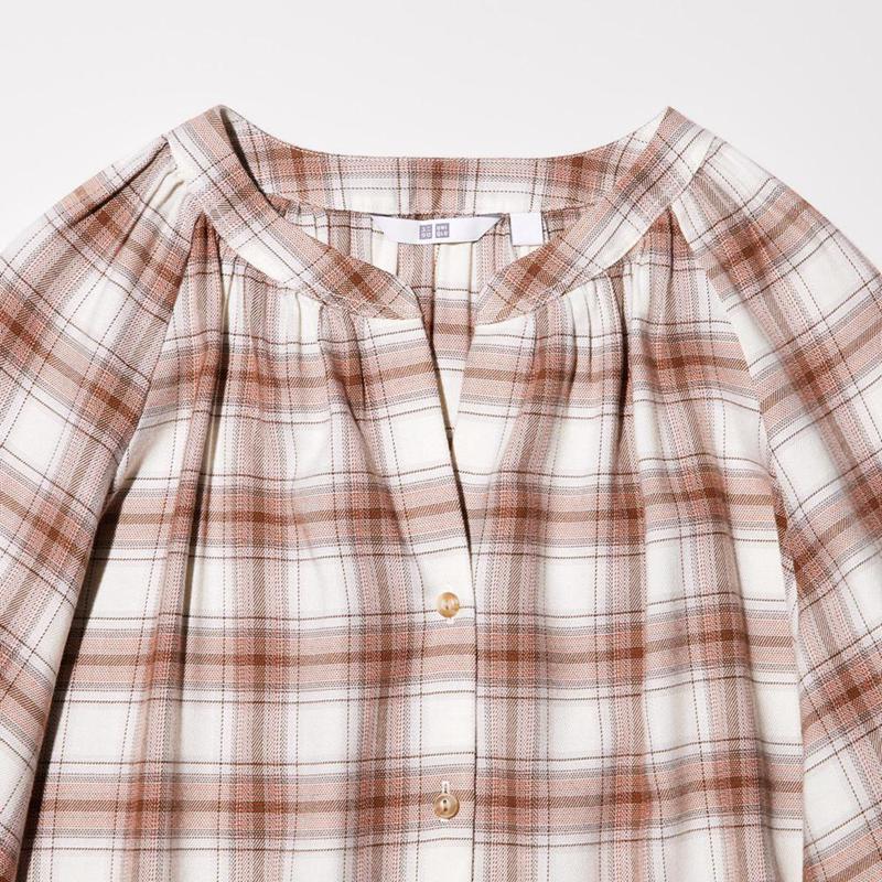 Uniqlo Soft Flannel Gathered (Check) Women Blouse Red  US |  EXKI-51493