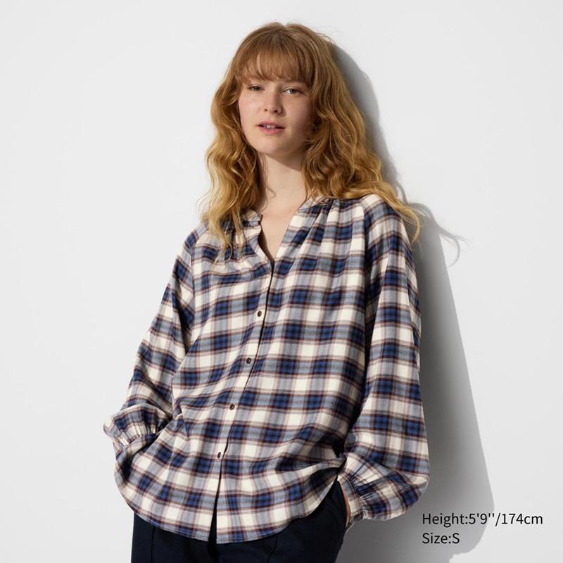 Uniqlo Soft Flannel Gathered (Check) Women Blouse Blue  US |  YJFI-14063