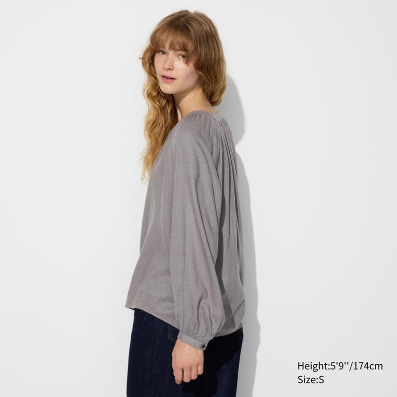 Uniqlo Soft Flannel Gathered Women Blouse Grey  US |  DUZF-84715