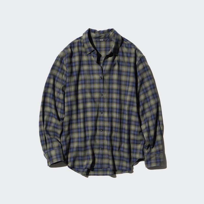 Uniqlo Soft Flannel Skipper (Check) Women Shirts Light Grey  US |  TVWM-76904