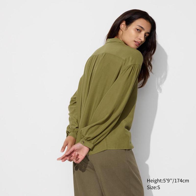 Uniqlo Soft Lawn Gathered Women Blouse Olive  US |  GZHW-53749