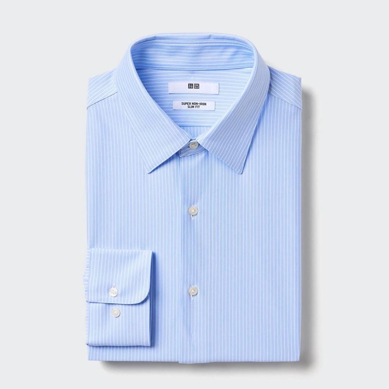 Uniqlo Super Non-Iron Jersey Slim Fit (Regular Collar, Stripe) Men Shirts Blue  US |  FUKE-86532