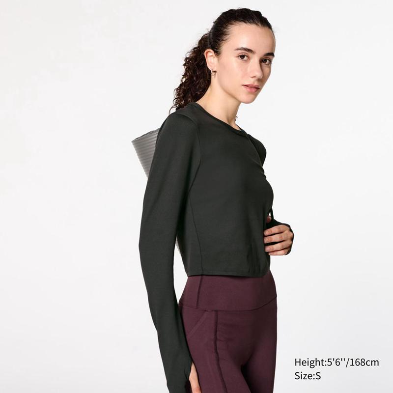 Uniqlo Ultra Stretch AIRism Cropped (Long Sleeve) Women T-Shirts Black  US |  KWSZ-23401