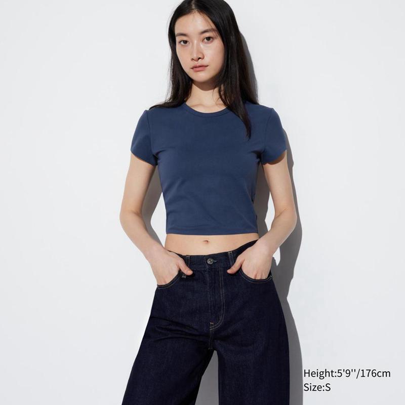 Uniqlo Ultra Stretch AIRism Cropped Women T-Shirts Navy  US |  QPKV-92816