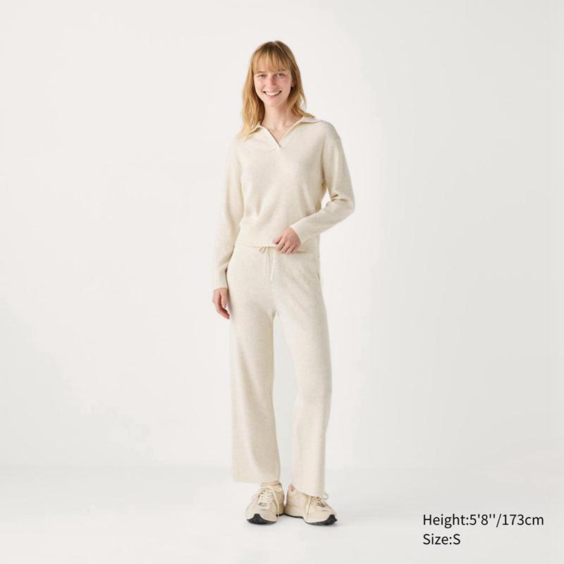 Uniqlo Washable Knit Ribbed Polo Women Jumper Natural  US |  IQZG-84512