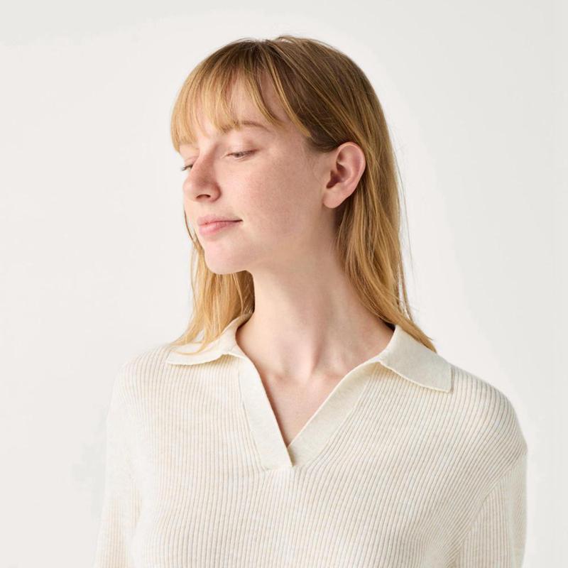 Uniqlo Washable Knit Ribbed Polo Women Jumper Natural  US |  IQZG-84512