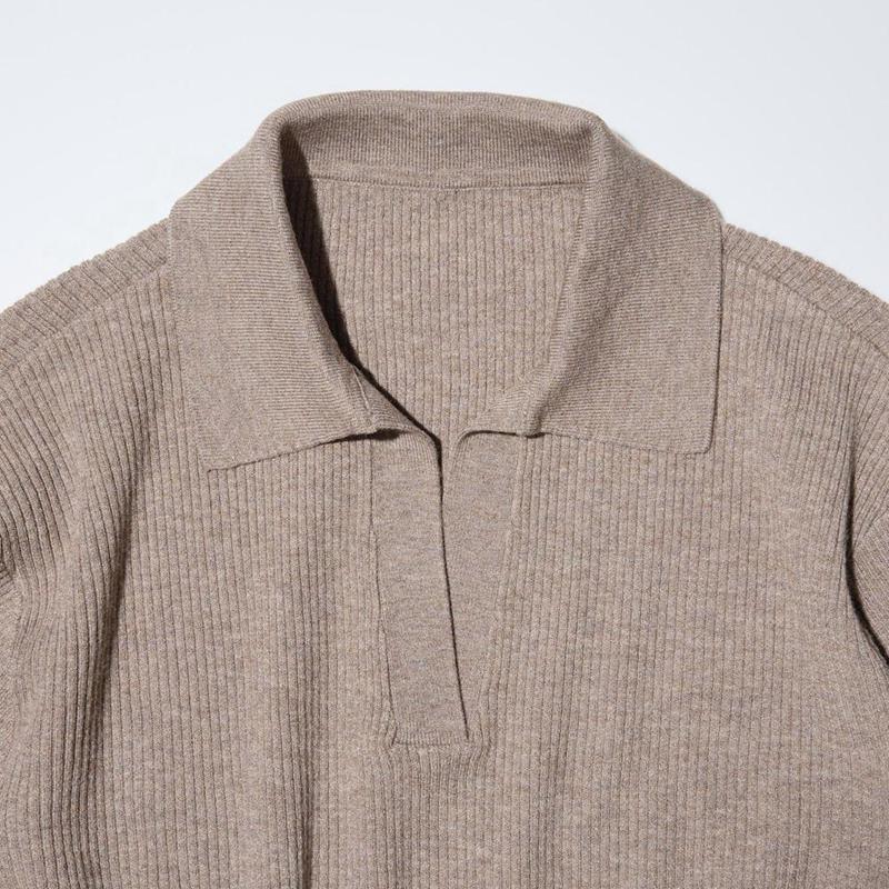 Uniqlo Washable Knit Ribbed Polo Women Jumper Khaki  US |  VURQ-34762