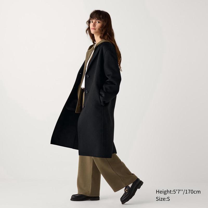 Uniqlo Wool Blend Chester Long Women Coats Black  US |  DMIP-20846